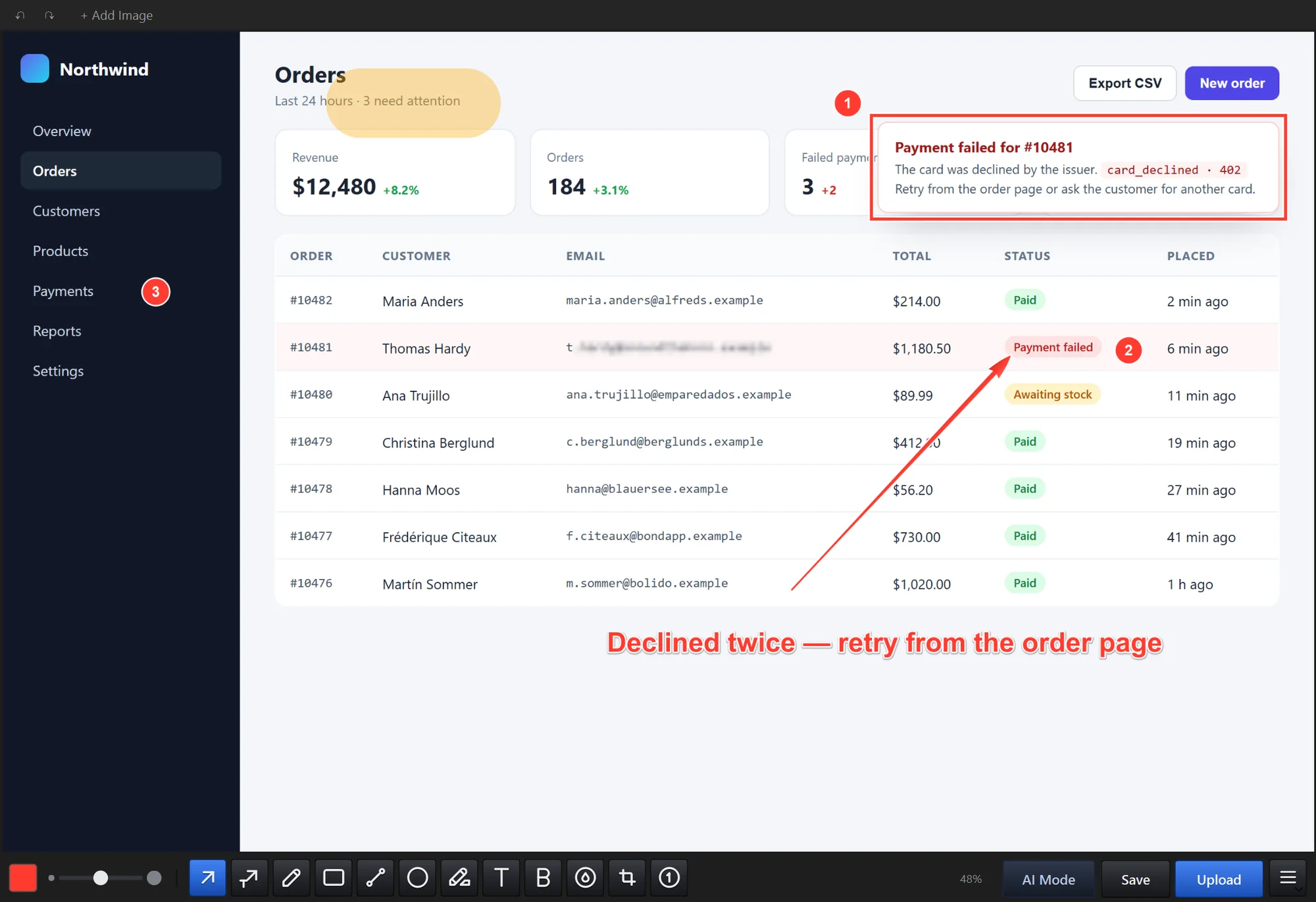 Maxisnap editor with an annotated example order screen, numbered steps, an arrow, and a blurred email address.