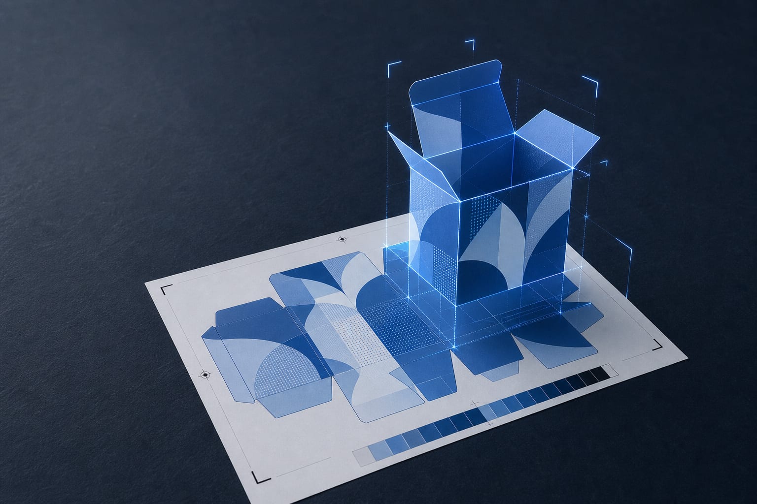 A flat printed dieline becoming an assembled blue carton, representing a ProofScene PDF-to-3D proof workflow.